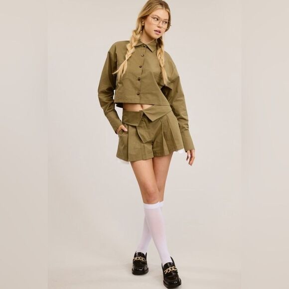 924. CHIC 2 PIECE SET BUTTON DOWN SHIRT WITH SKORT- OLIVE - Picture 5 of 5